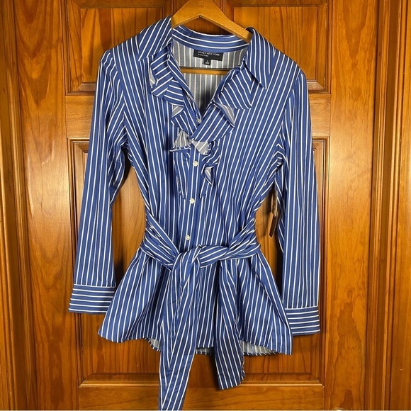 Jones New York Tops - NWT Jones New York Signature Striped Ruffle Blouse with Cinching Waist Tie